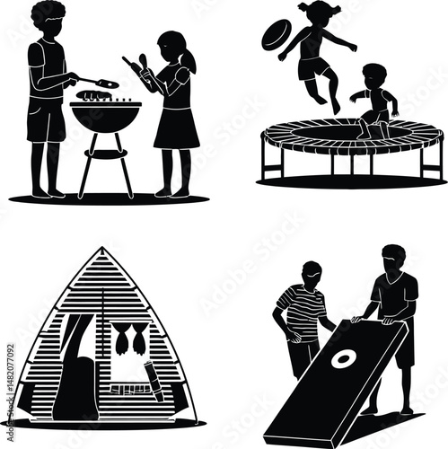Outdoor Recreation & Camping Symbol Set Featuring Four Unique Silhouettes: Two People Grilling at a Barbecue with One Holding a Spatula and the Other a Plate, Two Children Jumping on a Trampoline