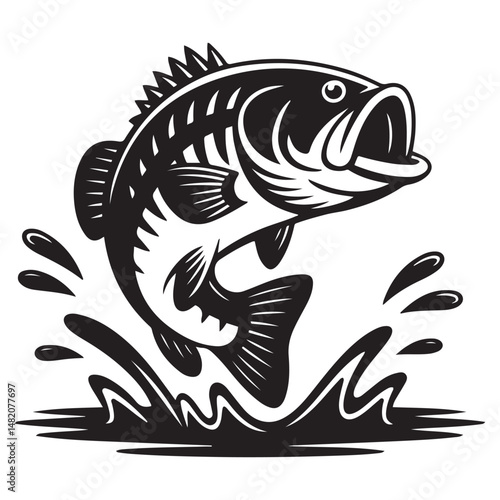 Striking illustration of a large mouth bass leaping up, Vector black silhouette. with white background