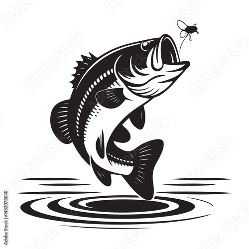 Striking illustration of a large mouth bass leaping up, Vector black silhouette. with white background