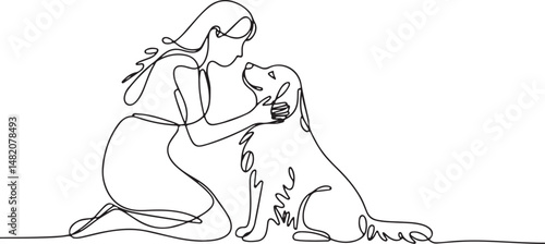 Continuous one line drawing of a person kneeling to pet a dog, minimalist black and white outline sketch with clean lines and high contrast

