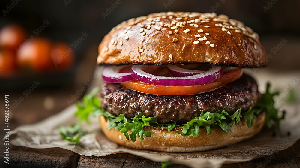 Close up of a delicious gourmet burger on parchment paper. Close up of a delicious gourmet burger on parchment paper.