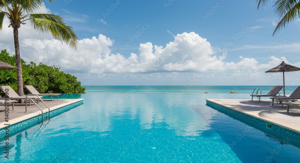 Photo: Tranquil Infinity Pool Overlooking Tropical Ocean at Luxury Resort Photo: Tranquil Infinity Pool Overlooking Tropical Ocean at Luxury Resort