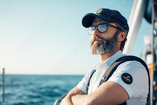 Confident professional mariner standing on a large vessel gazing at open sea under clear skies with a beautiful horizon