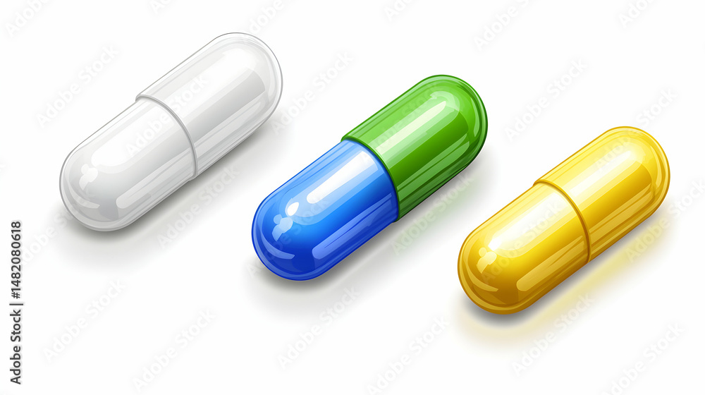 Three glossy capsules in white, blue/green, and gold, isolated on white background. Perfect for medical, pharmaceutical, or healthcare designs. Three glossy capsules in white, blue/green, and gold, isolated on white background. Perfect for medical, pharmaceutical, or healthcare designs.