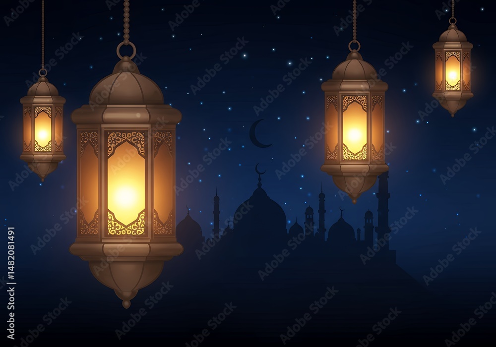 Fototapeta premium Illuminated Ramadan Lanterns and Mosque Silhouette