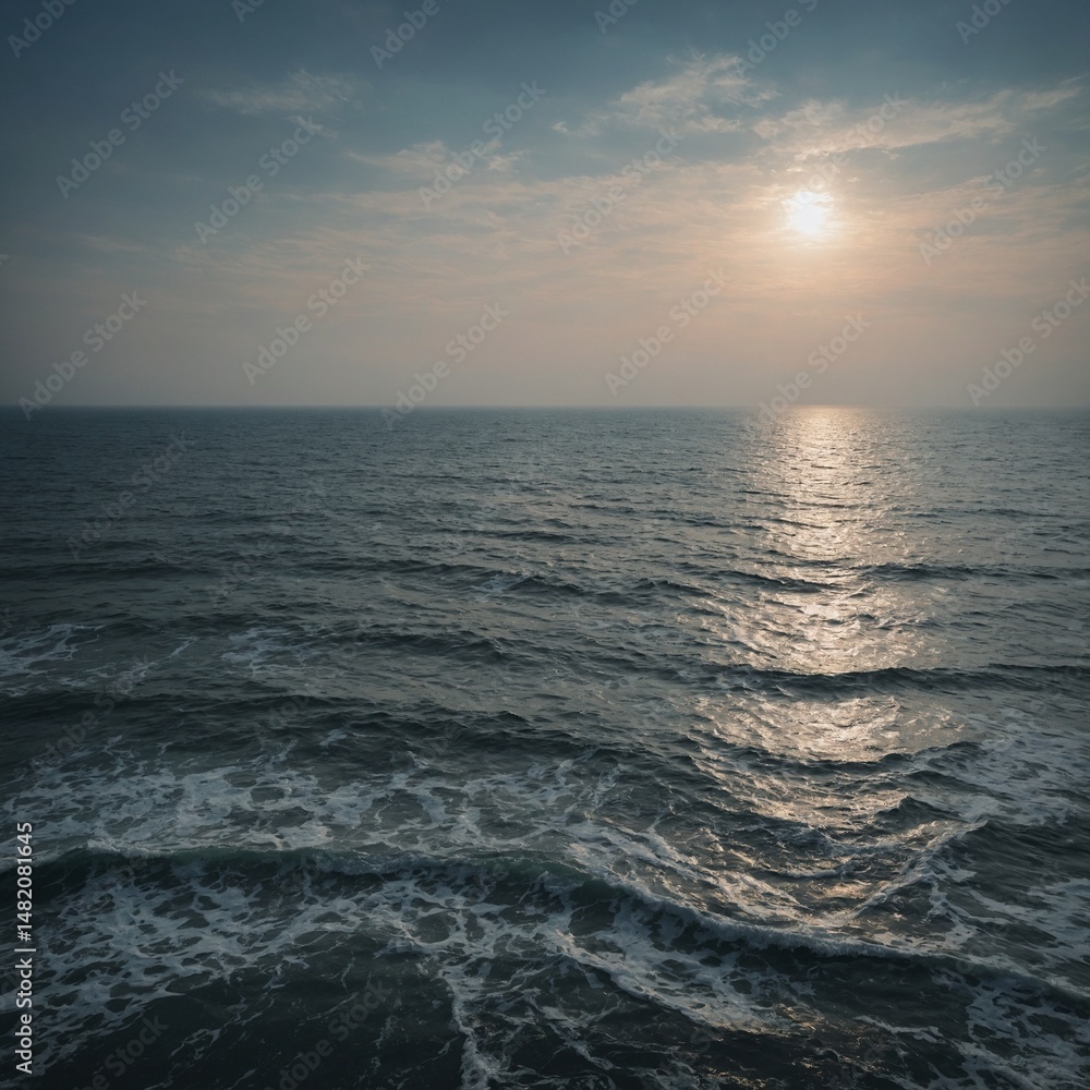 Fototapeta premium A beautiful sunset paints the sky with vibrant colors over the tranquil sea, where gentle waves meet the horizon