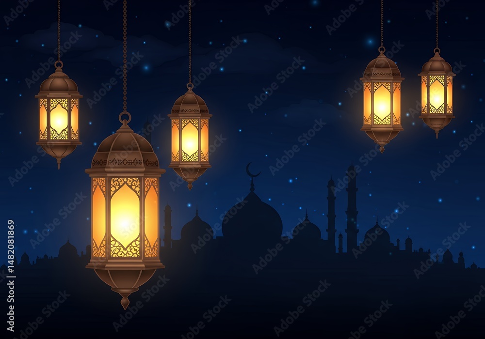 Fototapeta premium Ornate lanterns illuminate a mosque silhouette against a starry