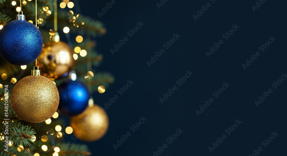 Photo Christmas Tree Decorated With Gold And Blue Ornaments Photo Christmas Tree Decorated With Gold And Blue Ornaments