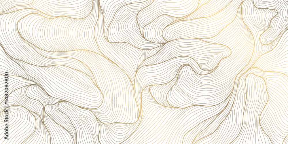 Vector golden line wave on white background. Abstract premium luxury elegant illustration, wavy Japanese ornament, flow water, ocean, organic shape pattern