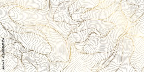 Vector golden line wave on white background. Abstract premium luxury elegant illustration, wavy Japanese ornament, flow water, ocean, organic shape pattern