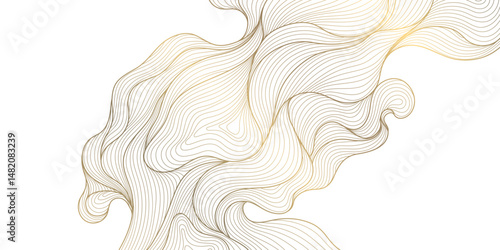 Vector golden line wave on white background. Abstract premium luxury elegant illustration, wavy Japanese ornament, flow water, ocean, organic shape pattern