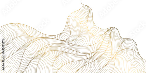 Vector golden line wave on white background. Abstract premium luxury elegant illustration, wavy Japanese ornament, flow water, ocean, organic shape pattern