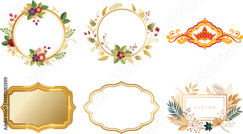 Set of Decorative vintage frames and borders set,Gold photo frame with corner Thailand line floral for picture, Vector design decoration pattern style. border design is pattern Thai art style
