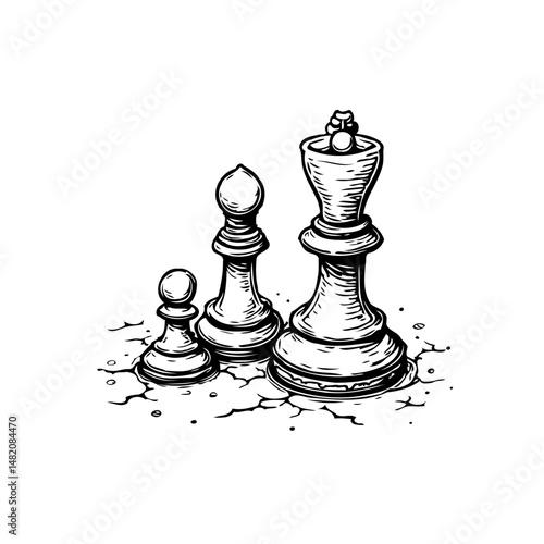 Chess pieces trio evokes strategy game, creative thinking, planning and conceptual art