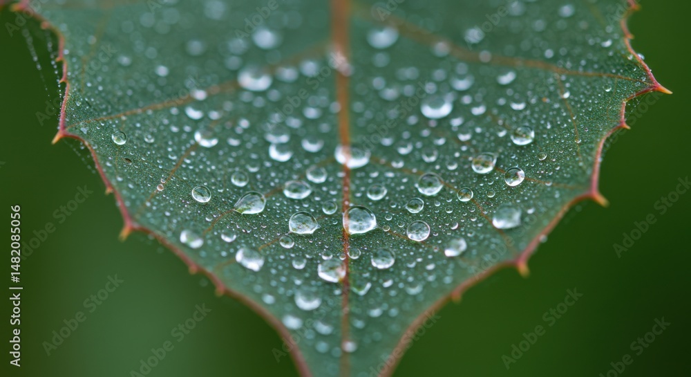 Fototapeta premium Leaf covered in water droplets symbolizing freshness and purity, with green background