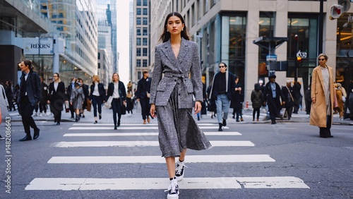 Stylish model wearing a gray blazer and skirt walks confidently across a busy new york city crosswalk, showcasing urban fashion trends amidst the bustling crowd