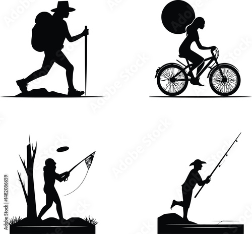 Outdoor Activities Silhouette Vectors - Hiking, Biking, Fishing, Birdwatching 
