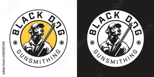 Hunting dog portrait logo in circle with rifle and cap. Rugged emblem for Black Dog Gunsmithing brand.