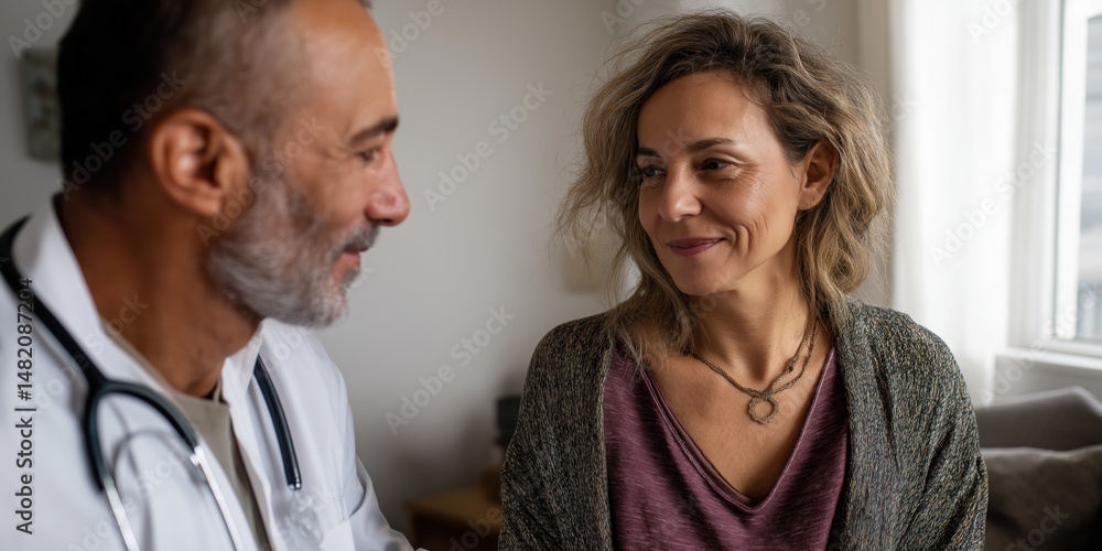 Obraz premium A woman and a doctor are talking in a room. The woman is smiling and the doctor is wearing a white coat