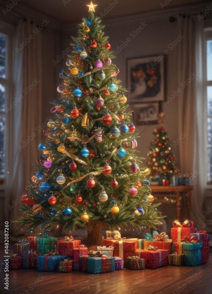 Naklejka premium Ornate Christmas tree, vibrant lights, colorful presents , winter, holiday, lights