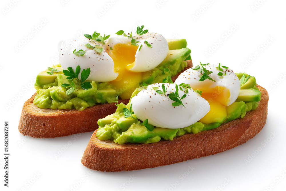 Healthy avocado toast with poached eggs, , isolated on white background Healthy avocado toast with poached eggs, , isolated on white background