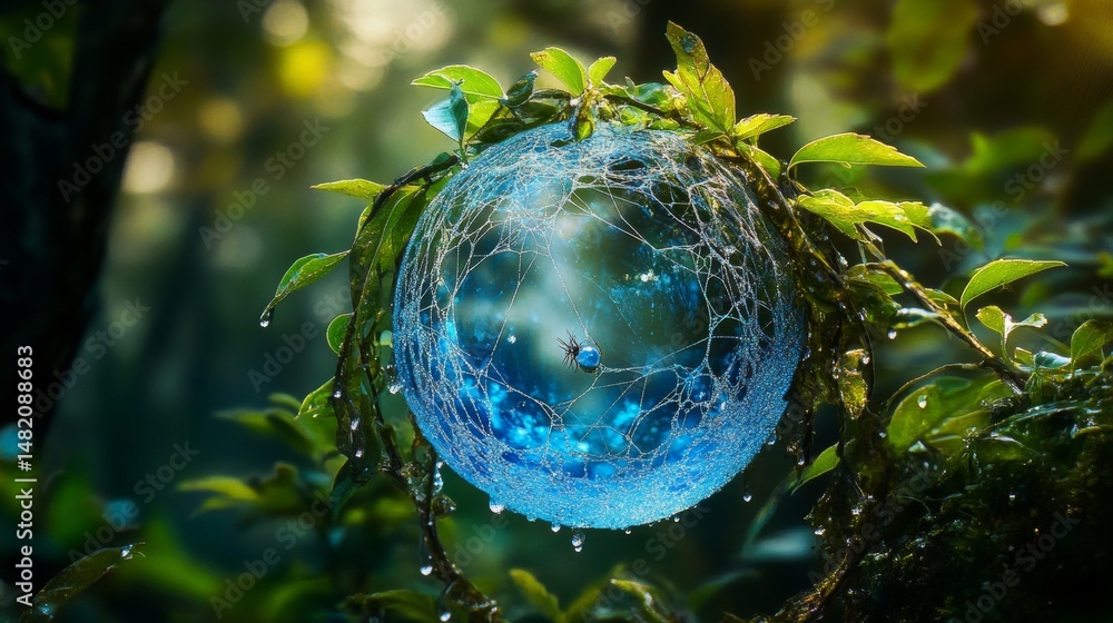 Spider Web with Dew Drops and Blue Glass Sphere Among Green Leaves Spider Web with Dew Drops and Blue Glass Sphere Among Green Leaves