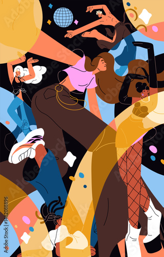 People dance in light of nightclub poster. Happy dancers have fun at party in night club. Performers move by music at disco. Youth is at hip hop performance, trendy concert. Flat vector illustration