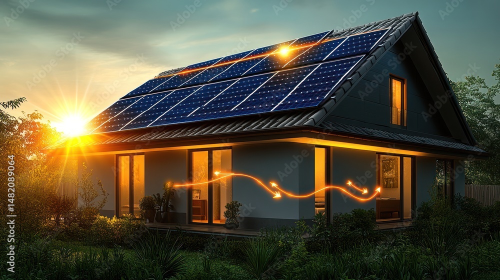 Home with Solar Panels at Sunset Home with Solar Panels at Sunset