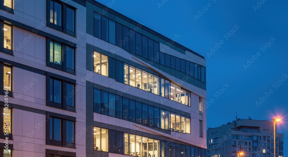 Fototapeta premium Modern building at dusk representing urban development and architecture, featuring illuminated windows