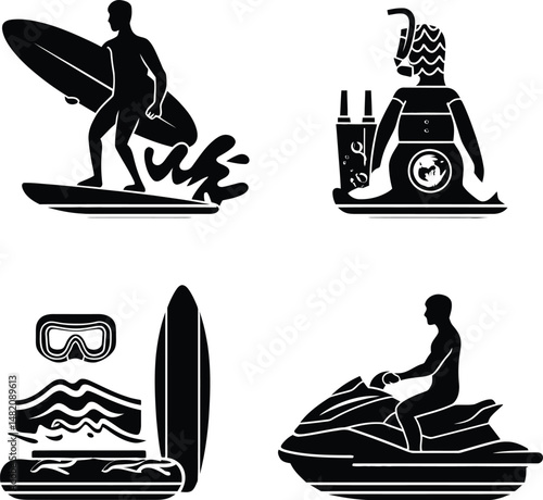 Watersports Silhouette Vectors - Surfing, Diving, Jet Ski