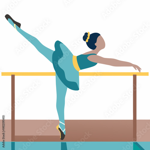 Ballet dancer performing an arabesque at barre in dance studio  