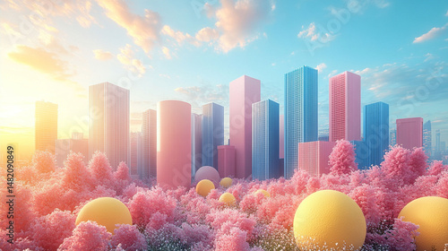 Colorful cityscape with pastel buildings and trees in a surreal landscape at sunrise.