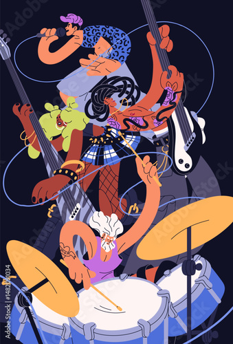 Modern rock band poster. Musicians group plays music instruments together. Singer sings song with microphone, artists perform with guitars, drum. Performers in live concert. Flat vector illustration