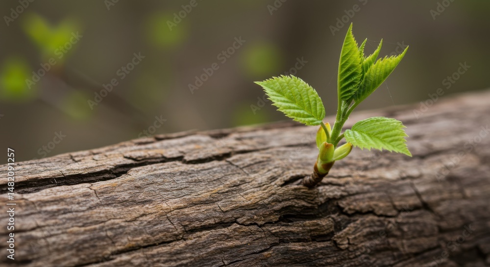 Naklejka premium New sprout emerging representing growth and renewal, on weathered wood