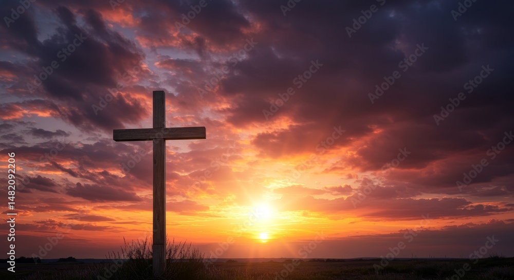 Photo of a Wooden Cross Silhouette Against a Vibrant Sunset Sky Photo of a Wooden Cross Silhouette Against a Vibrant Sunset Sky