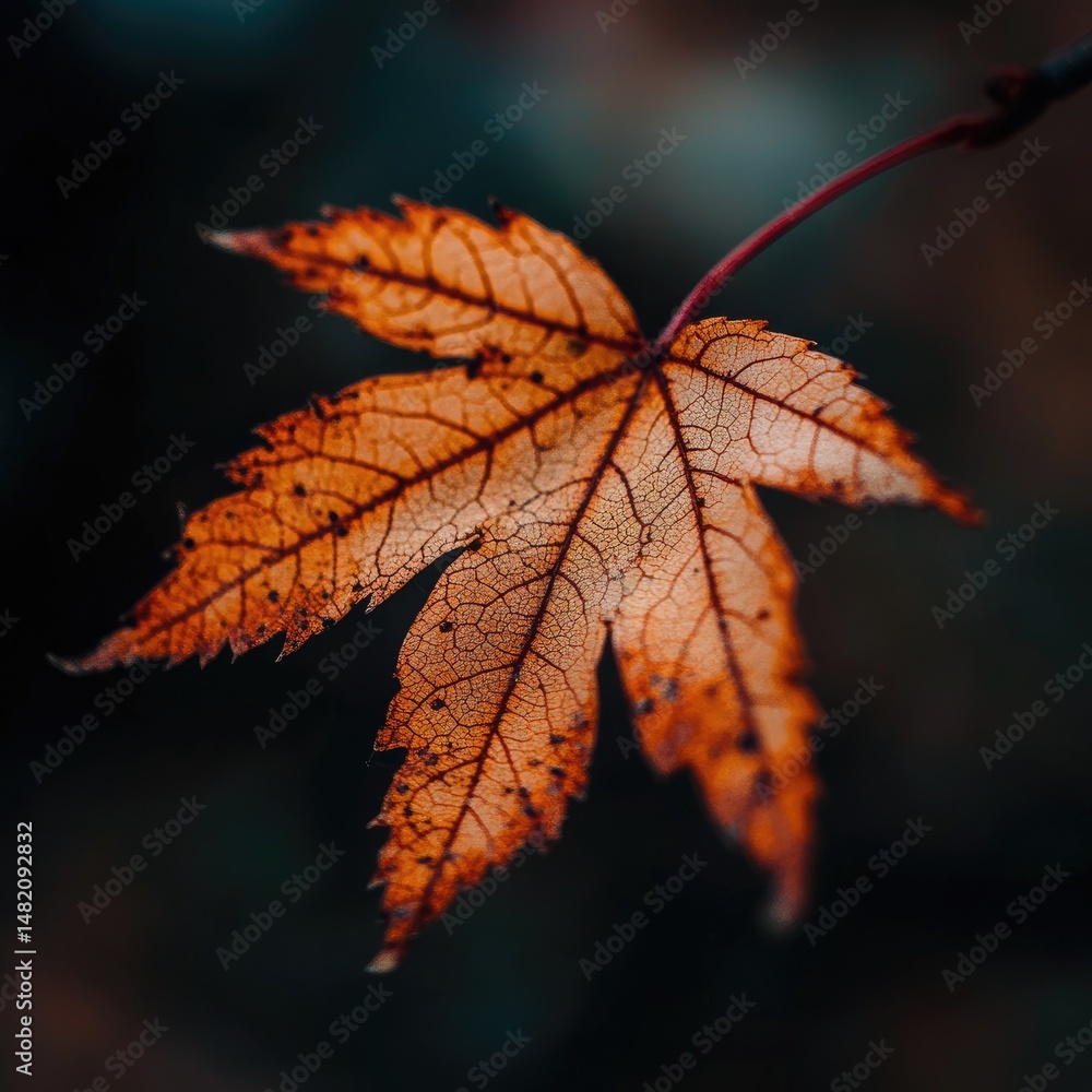 A single, dried orange maple leaf hangs from a twig against a blurred dark background A single, dried orange maple leaf hangs from a twig against a blurred dark background