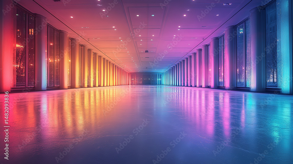 Empty modern hallway with vibrant neon lighting reflecting on polished floor. Empty modern hallway with vibrant neon lighting reflecting on polished floor.
