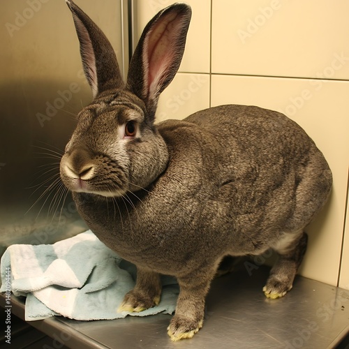 Majestic flemish giant rabbit portrait with big ears in bright studio light
