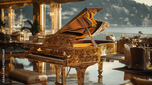 Ornate golden piano in luxury interior with sea view.