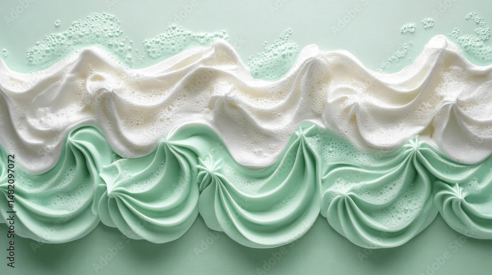 Fototapeta premium A close-up of textured seafoam reveals intricate white bubbles and soft green water ripples in a detailed and serene illustration