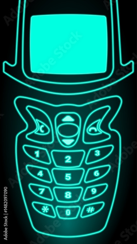 Vector illustration. Conceptual art design. Minimal neon phone with large screen and control pad. E2k digital age meets abstract retro tech. Concept of futuristic media, nostalgia, communication.