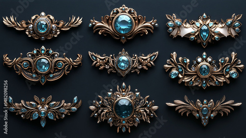 Nine ornate gold-colored decorative elements with blue gemstones, set against a dark background.  Ornate, decorative,  luxury,  design,  gold,  gemstone,  ecorative.