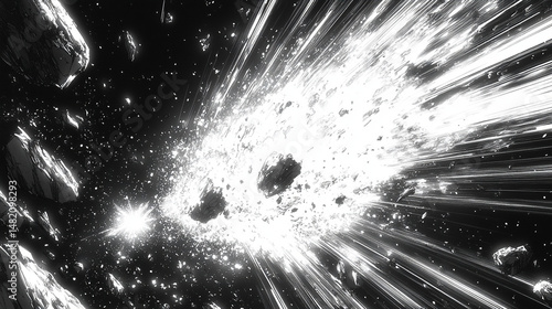 Abstract explosion of shattered debris in space.