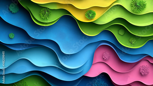 Colorful wavy layered paper art background with small green plants.