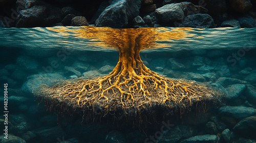 Underwater tree roots emerge from the depths.