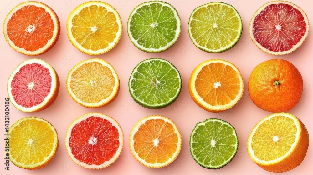 Fototapeta premium Vibrant citrus medley with colorful halved oranges, limes, and grapefruits on pink background