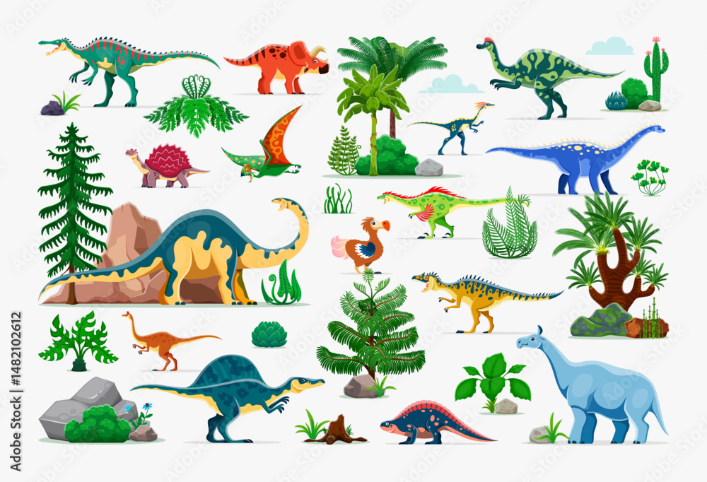 Fototapeta premium Prehistoric dinosaur characters with jungle forest trees and plants, vector set. Cartoon jurassic dino reptiles, suchomimus, melanorosaurus and raphus. Extinct hypacrosaurus and tapejara dinosaurs