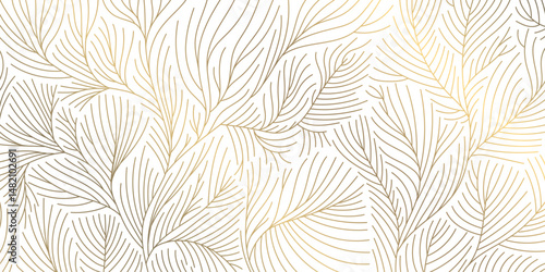 Vector golden on white line leaves pattern, luxury nature illustration, plant flower texture background. Boho foliage ornament, summer floral design, jungle banner