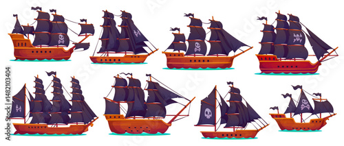 Pirate sail ships and boats, vector game UI assets set. Cartoon pirate corsair sailing ships, old wooden boats, vintage barques, schooners and caravels with skull and crossbones flags, black sails