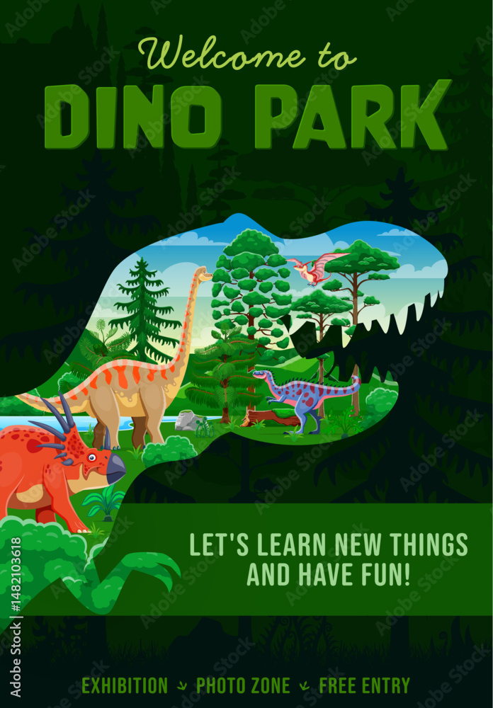 Fototapeta premium Dino park poster with T Rex silhouette and cartoon dinosaurs in Jurassic forest, cartoon vector. Kids dino amusement park or prehistoric lizard tyrannosaurus museum and reptiles exhibition poster